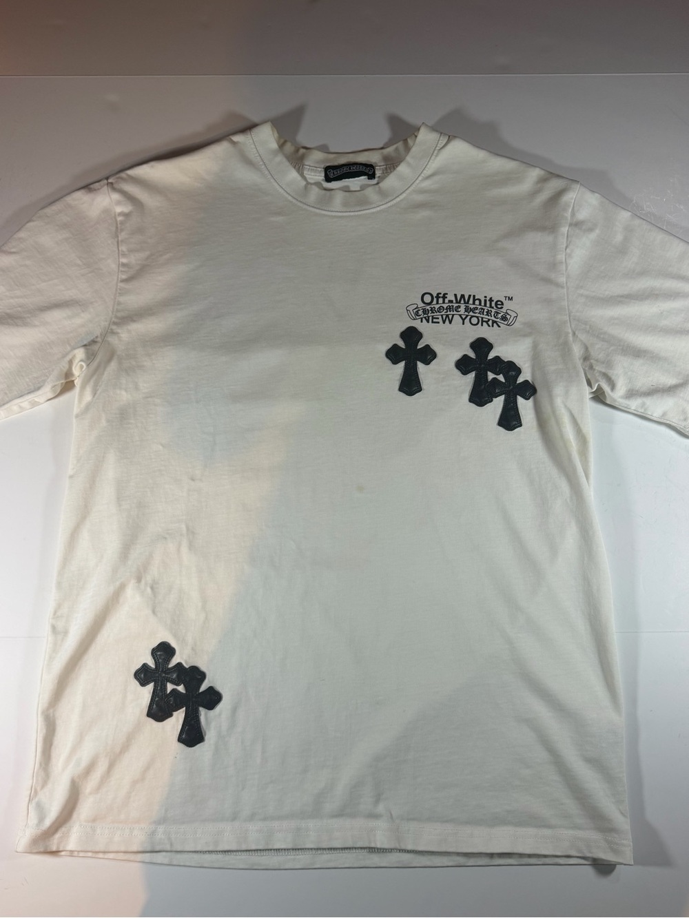 Chrome Hearts x Off-White Cream Short Sleeve Tee with Black Leather Cross Motifs